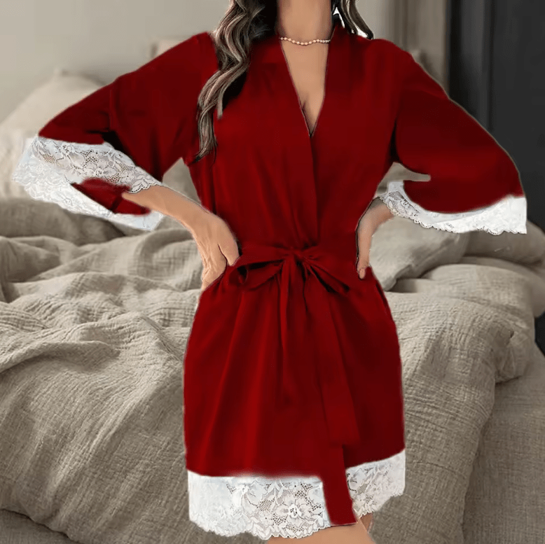 Women’s Short Ice Silk Bathrobe – Lace Trim Sleepwear Robe for Bride and Bridesmaids, Lightweight V-Neck Nightgown for Home or Wedding Morning