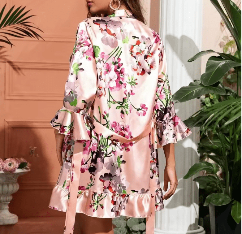 Women’s Silk Robe Sleepwear – Lightweight Floral Print Pajamas Gown, Spring/Summer Home Loungewear Outerwear for Ladies