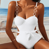 Women’s Sexy White One-Piece Swimsuit – Belted Backless Slimming Monokini | Solid Color Sports-Inspired Swimwear