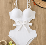 Women’s Sexy White One-Piece Swimsuit – Belted Backless Slimming Monokini | Solid Color Sports-Inspired Swimwear