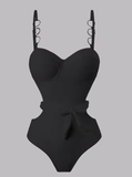 Women’s Sexy White One-Piece Swimsuit – Belted Backless Slimming Monokini | Solid Color Sports-Inspired Swimwear