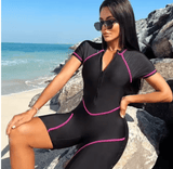 2025 Women’s Short Sleeve Surf Suit – Slim Fit Zipper One-Piece Color Block Swimsuit