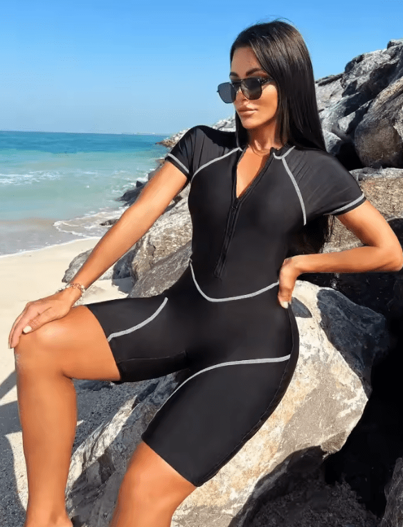 2025 Women’s Short Sleeve Surf Suit – Slim Fit Zipper One-Piece Color Block Swimsuit
