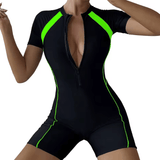 Women’s Summer One-Piece Swimsuit – Short Sleeve Zip-Up Patchwork Swimwear with Sun Protection
