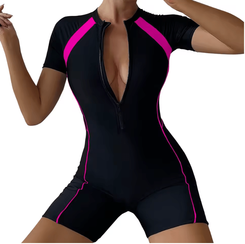 Women’s Summer One-Piece Swimsuit – Short Sleeve Zip-Up Patchwork Swimwear with Sun Protection