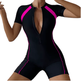 Women’s Summer One-Piece Swimsuit – Short Sleeve Zip-Up Patchwork Swimwear with Sun Protection