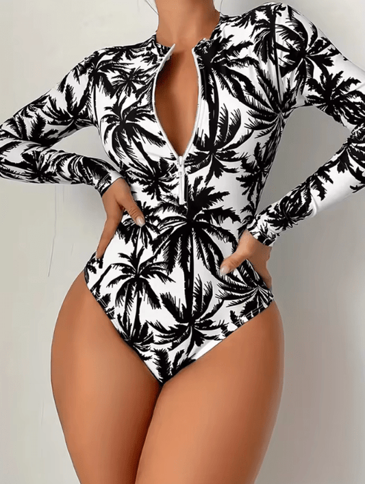 Women’s Long Sleeve Palm Tree Swimsuit – Black & White High-Stretch Bikini