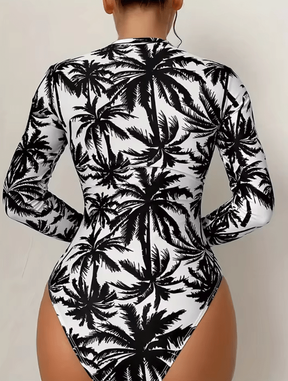 Women’s Long Sleeve Palm Tree Swimsuit – Black & White High-Stretch Bikini