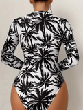 Women’s Long Sleeve Palm Tree Swimsuit – Black & White High-Stretch Bikini