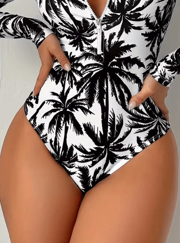 Women’s Long Sleeve Palm Tree Swimsuit – Black & White High-Stretch Bikini