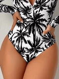 Women’s Long Sleeve Palm Tree Swimsuit – Black & White High-Stretch Bikini