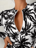 Women’s Long Sleeve Palm Tree Swimsuit – Black & White High-Stretch Bikini