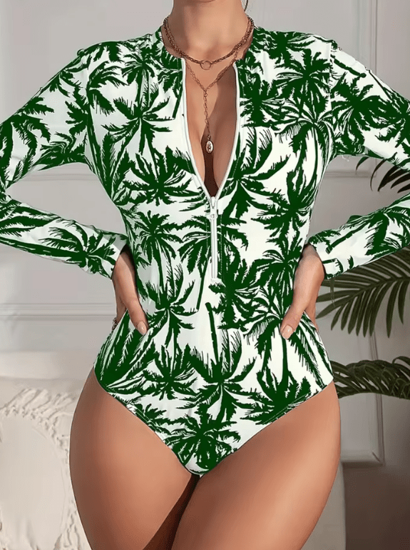 Women’s Long Sleeve Palm Tree Swimsuit – Black & White High-Stretch Bikini