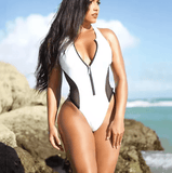 2025 Sexy High-Cut Zipper One-Piece Swimsuit – Women’s Thong Monokini with Mesh Panels