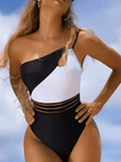 2025 Sexy Color Block One-Piece Swimsuit – Hollow-Out Women’s Summer Beach Bodysuit