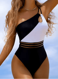 2025 Sexy Color Block One-Piece Swimsuit – Hollow-Out Women’s Summer Beach Bodysuit