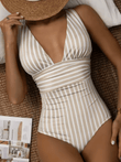 2025 Striped One-Piece Swimsuit for Women – Sexy V-Neck Summer Swimwear, Beach Bathing Suit