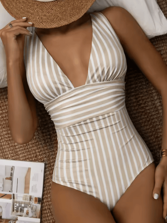 2025 Striped One-Piece Swimsuit for Women – Sexy V-Neck Summer Swimwear, Beach Bathing Suit