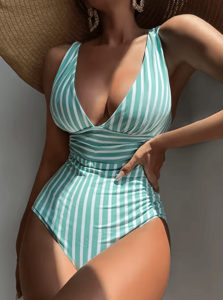 2025 Striped One-Piece Swimsuit for Women – Sexy V-Neck Summer Swimwear, Beach Bathing Suit