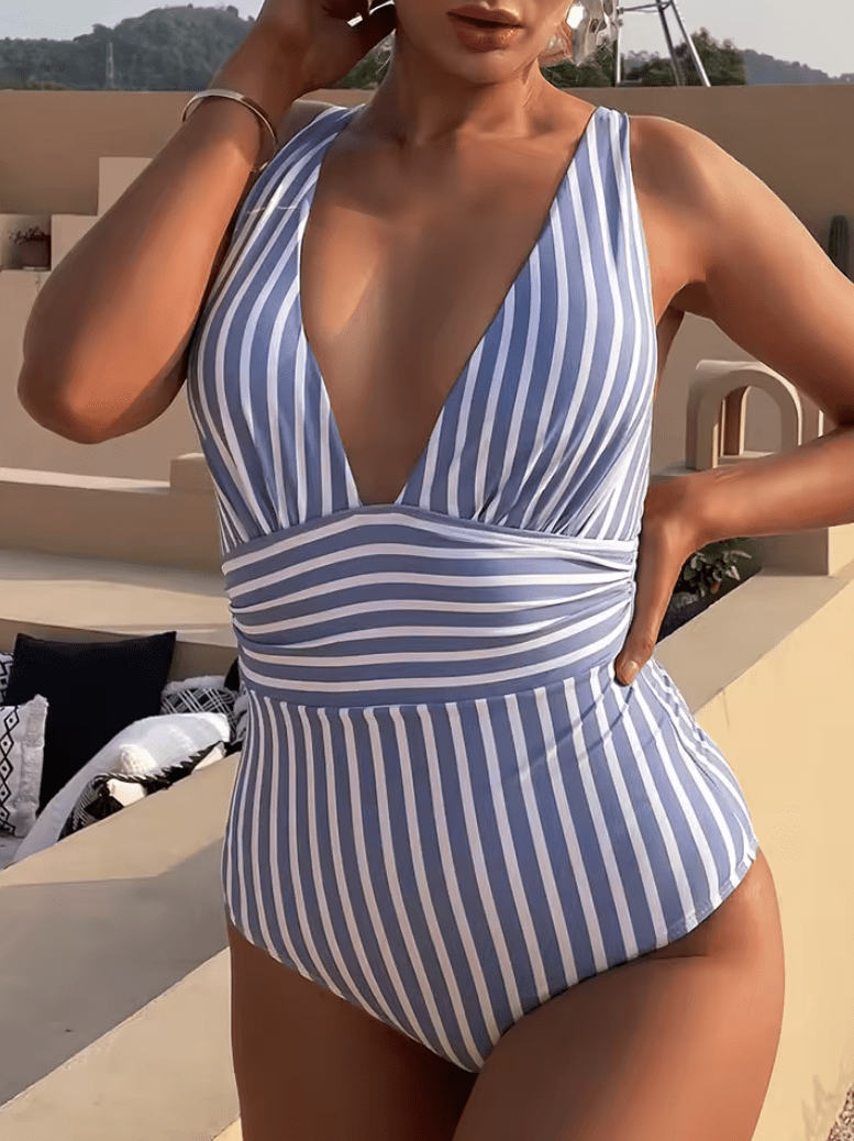 2025 Striped One-Piece Swimsuit for Women – Sexy V-Neck Summer Swimwear, Beach Bathing Suit