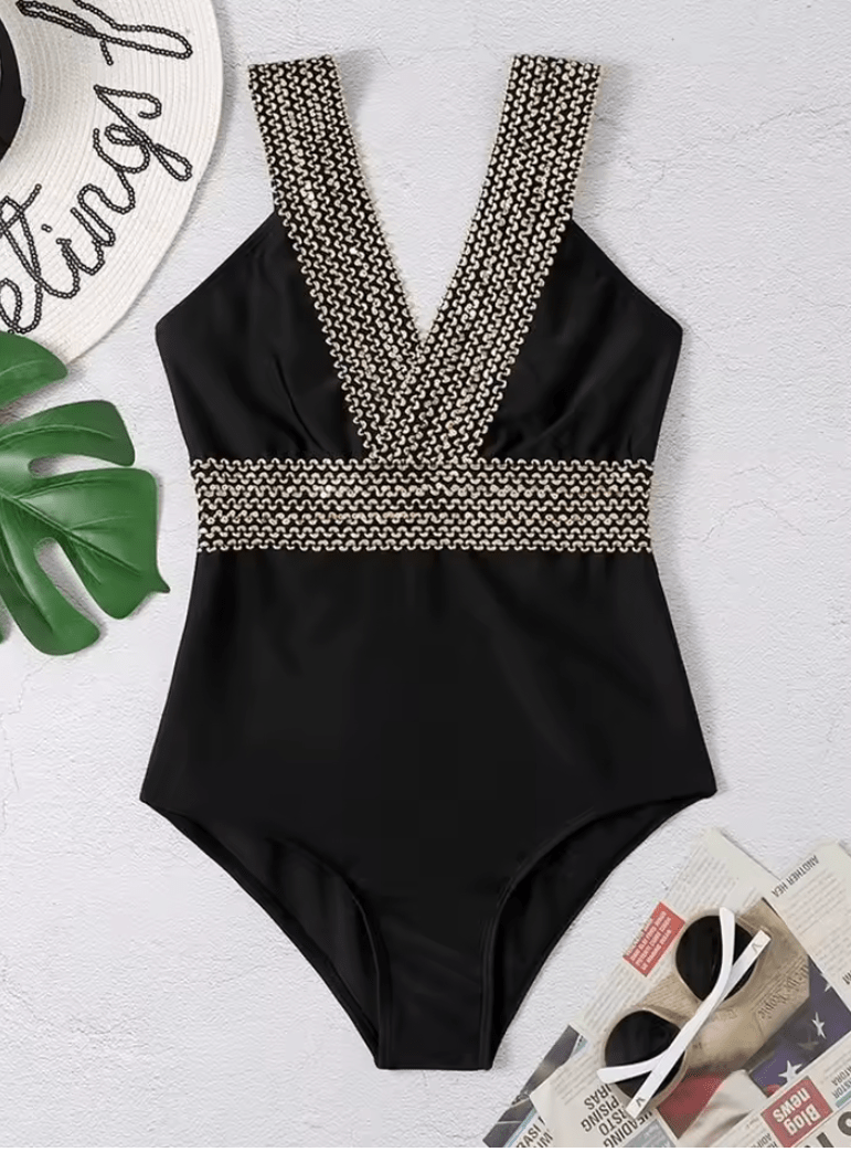 2025 Solid V-Neck One-Piece Swimsuit – Sexy Padded Monokini for Women, Summer Beachwear