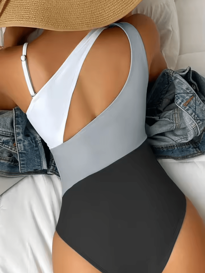 2025 Colorblock One-Shoulder Cut-Out Swimsuit – Sexy One-Piece Swimwear for Women, Summer Beachwear