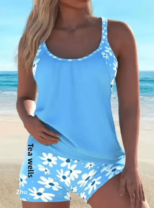 Sporty Plus Size Tankini Set for Women – Printed Two-Piece Swimsuit 2025