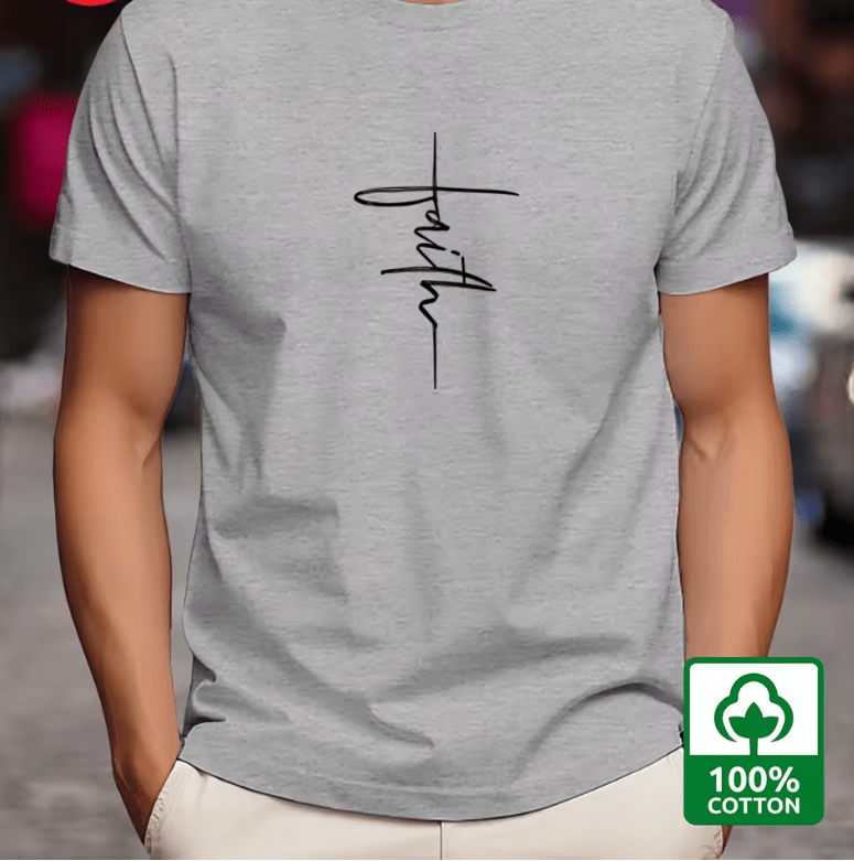Men’s 100% Cotton Summer T-Shirt – Loose Fit “Faith” Print Short Sleeve Tee – Casual Sport Style, Round Neck Breathable Top for Daily Wear & Street Fashion