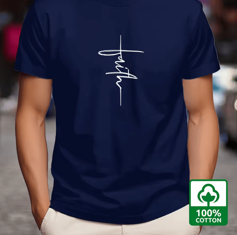 Men’s 100% Cotton Summer T-Shirt – Loose Fit “Faith” Print Short Sleeve Tee – Casual Sport Style, Round Neck Breathable Top for Daily Wear & Street Fashion