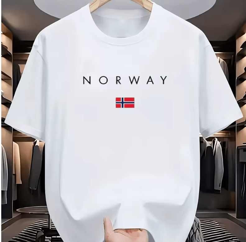 Men’s 100% Cotton Summer T-Shirt – Loose Fit “NORWAY” Print Short Sleeve Tee – Fashionable Casual Sports Top – Breathable Round Neck Streetwear Style