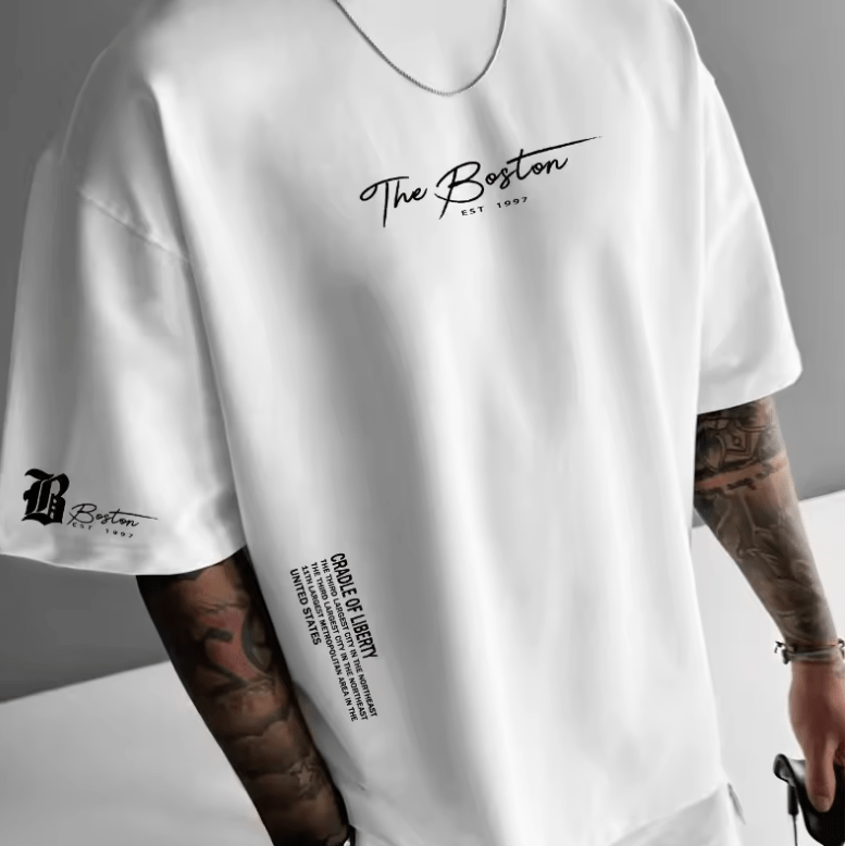 Men’s Summer T-Shirt – Loose Fit Boston City Slogan Print Tee – Fashionable Casual Sports Style Short Sleeve Top – Breathable Round Neck Streetwear