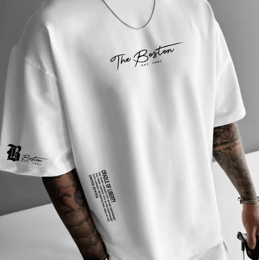 Men’s Summer T-Shirt – Loose Fit Boston City Slogan Print Tee – Fashionable Casual Sports Style Short Sleeve Top – Breathable Round Neck Streetwear
