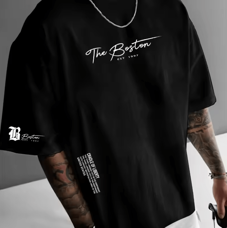 Men’s Summer T-Shirt – Loose Fit Boston City Slogan Print Tee – Fashionable Casual Sports Style Short Sleeve Top – Breathable Round Neck Streetwear
