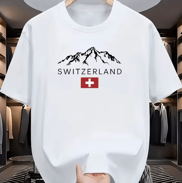 Men’s Summer T-Shirt – Loose Fit Swiss Mountain Print Tee – Casual Sports Style Round Neck Short Sleeve Top – Breathable Outdoor-Inspired Fashion
