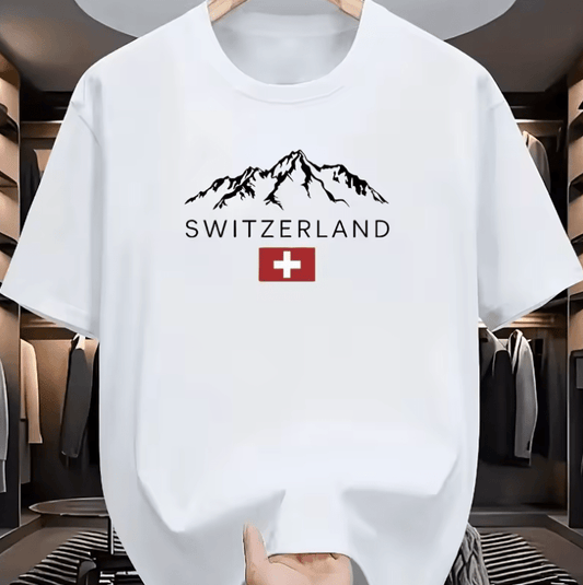 Men’s Summer T-Shirt – Loose Fit Swiss Mountain Print Tee – Casual Sports Style Round Neck Short Sleeve Top – Breathable Outdoor-Inspired Fashion