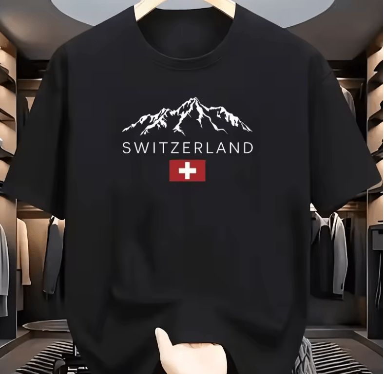 Men’s Summer T-Shirt – Loose Fit Swiss Mountain Print Tee – Casual Sports Style Round Neck Short Sleeve Top – Breathable Outdoor-Inspired Fashion