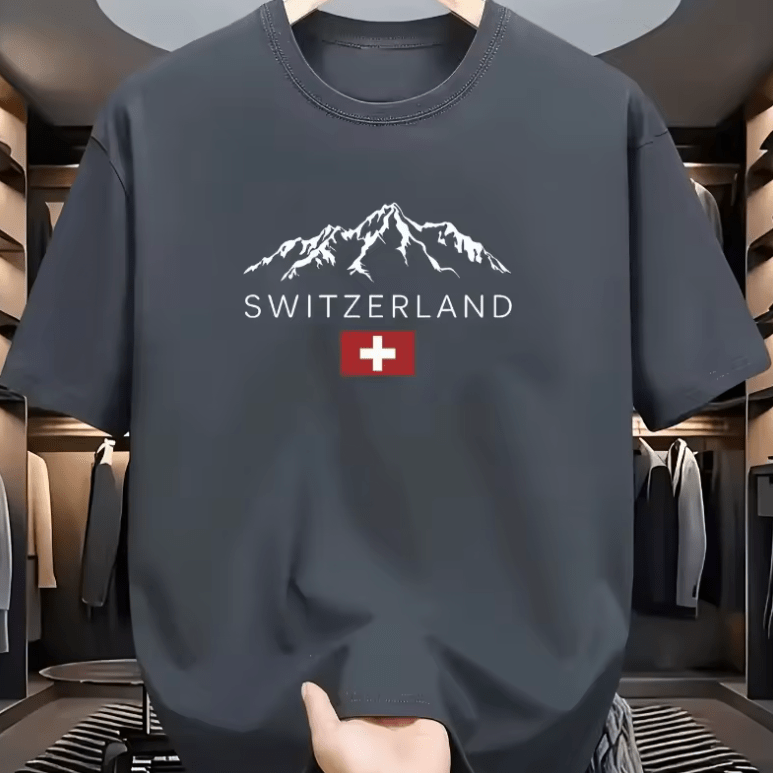 Men’s Summer T-Shirt – Loose Fit Swiss Mountain Print Tee – Casual Sports Style Round Neck Short Sleeve Top – Breathable Outdoor-Inspired Fashion
