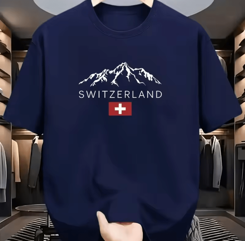 Men’s Summer T-Shirt – Loose Fit Swiss Mountain Print Tee – Casual Sports Style Round Neck Short Sleeve Top – Breathable Outdoor-Inspired Fashion