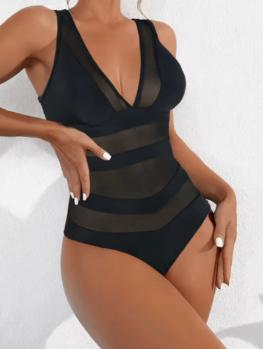 Sexy One-Piece Swimsuit for Women – V-Neck, Mesh Splicing, Backless Design | Sporty & Stylish Swimwear