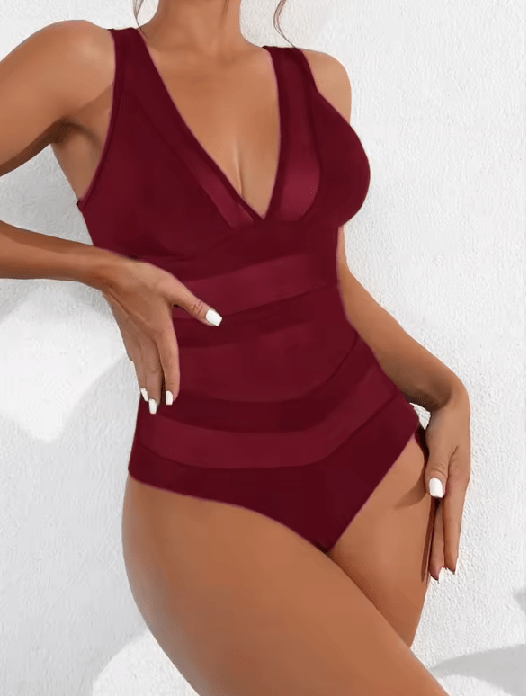 Sexy One-Piece Swimsuit for Women – V-Neck, Mesh Splicing, Backless Design | Sporty & Stylish Swimwear