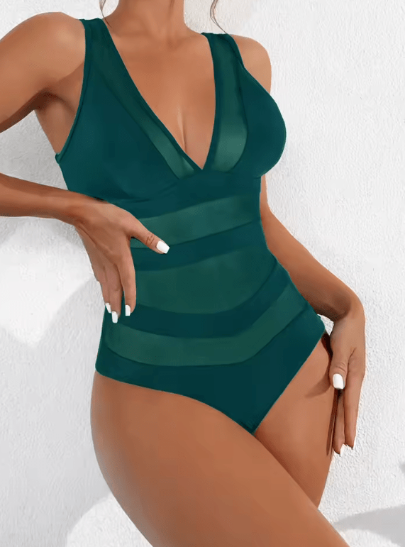 Sexy One-Piece Swimsuit for Women – V-Neck, Mesh Splicing, Backless Design | Sporty & Stylish Swimwear