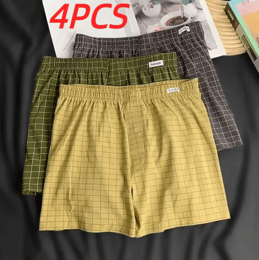 4PCS Men’s Cotton Boxer Shorts – Loose Fit, Comfortable Sleep & Home Underwear | Casual Striped & Plaid Underpants