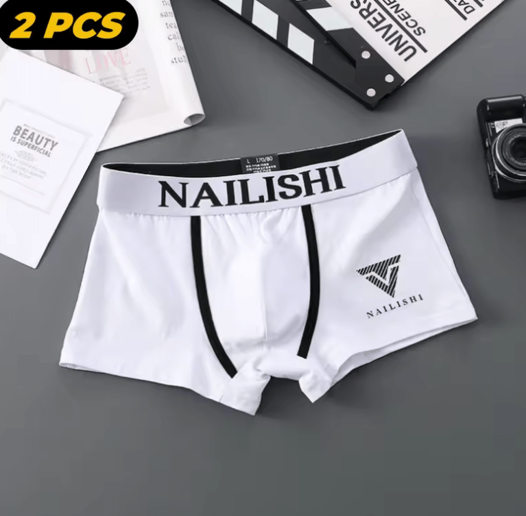 2PCS Men’s Cotton Boxer Shorts – Trendy Mid-Waist Breathable Underwear | Youth Style with Letter Print Design