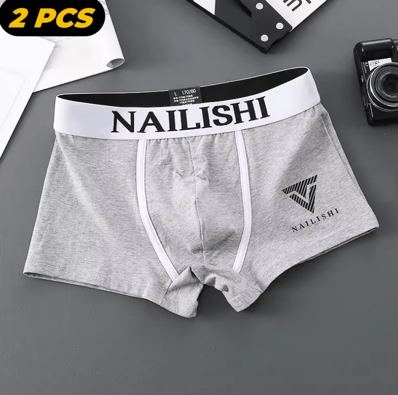 2PCS Men’s Cotton Boxer Shorts – Trendy Mid-Waist Breathable Underwear | Youth Style with Letter Print Design