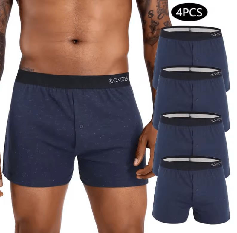 4PCS Men’s Cotton Boxer Shorts – Front Open, Loose Fit Underwear | Sexy Reflective Trunks with Fashion Design