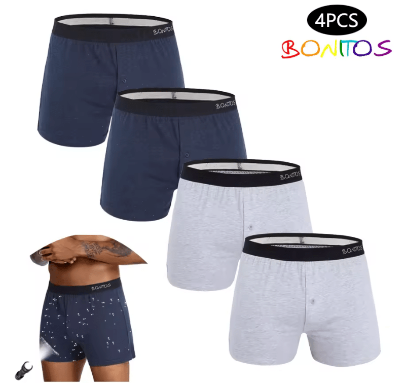 4PCS Men’s Cotton Boxer Shorts – Front Open, Loose Fit Underwear | Sexy Reflective Trunks with Fashion Design