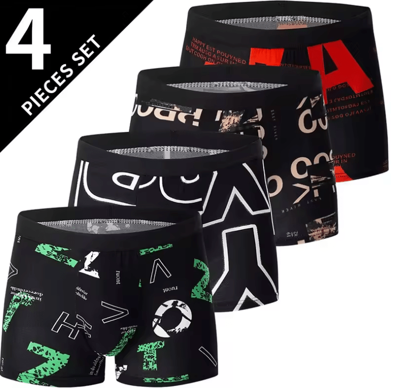 4-Pack Men’s Black Boxer Shorts – Breathable Letter Print Underwear for Casual & Sports Wear
