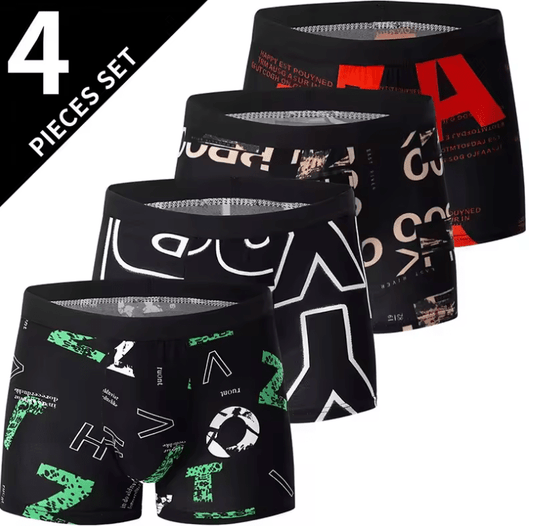 4-Pack Men’s Black Boxer Shorts – Breathable Letter Print Underwear for Casual & Sports Wear