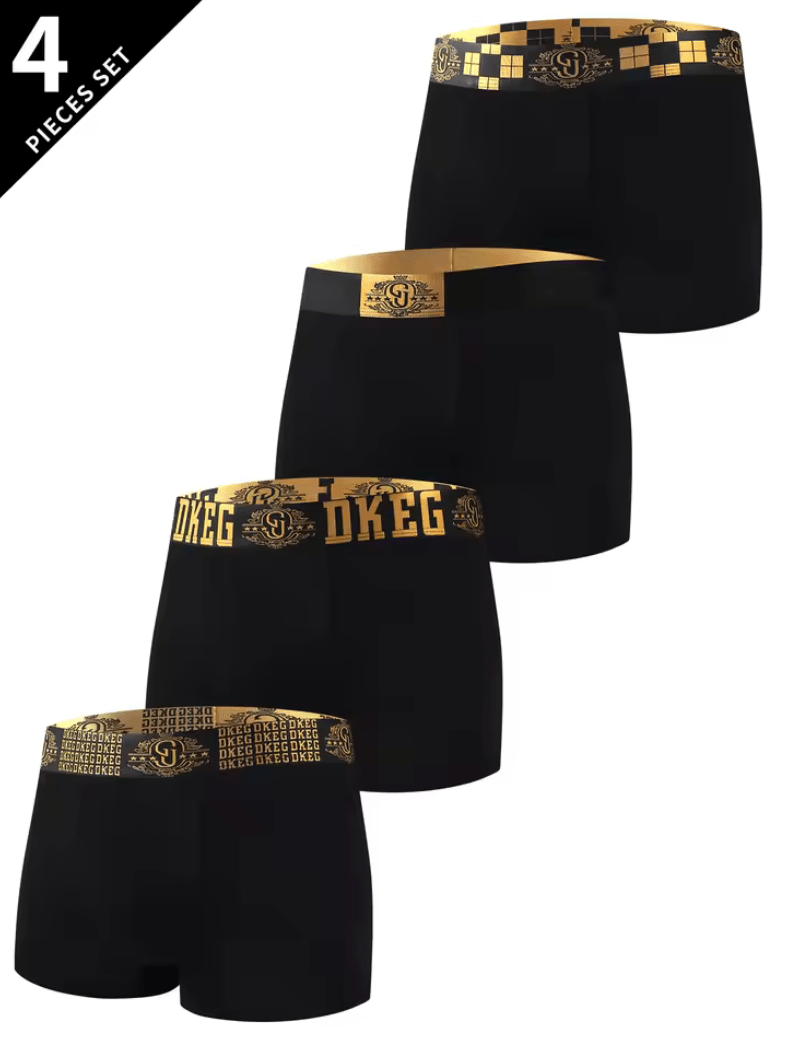 4-Pack Men’s Ice Silk Boxer Shorts – Cool Touch, Anti-Bacterial Crotch, Light Black & Gold Design