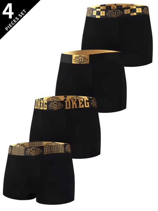 4-Pack Men’s Ice Silk Boxer Shorts – Cool Touch, Anti-Bacterial Crotch, Light Black & Gold Design